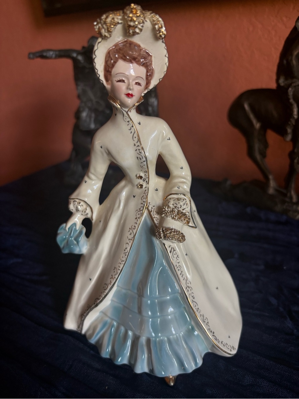 Hand-Painted Porcelain Victorian Lady Figurine in Cream and Blue - Unbranded